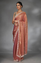 Salmon Pink Glass Tissue Handworked Saree